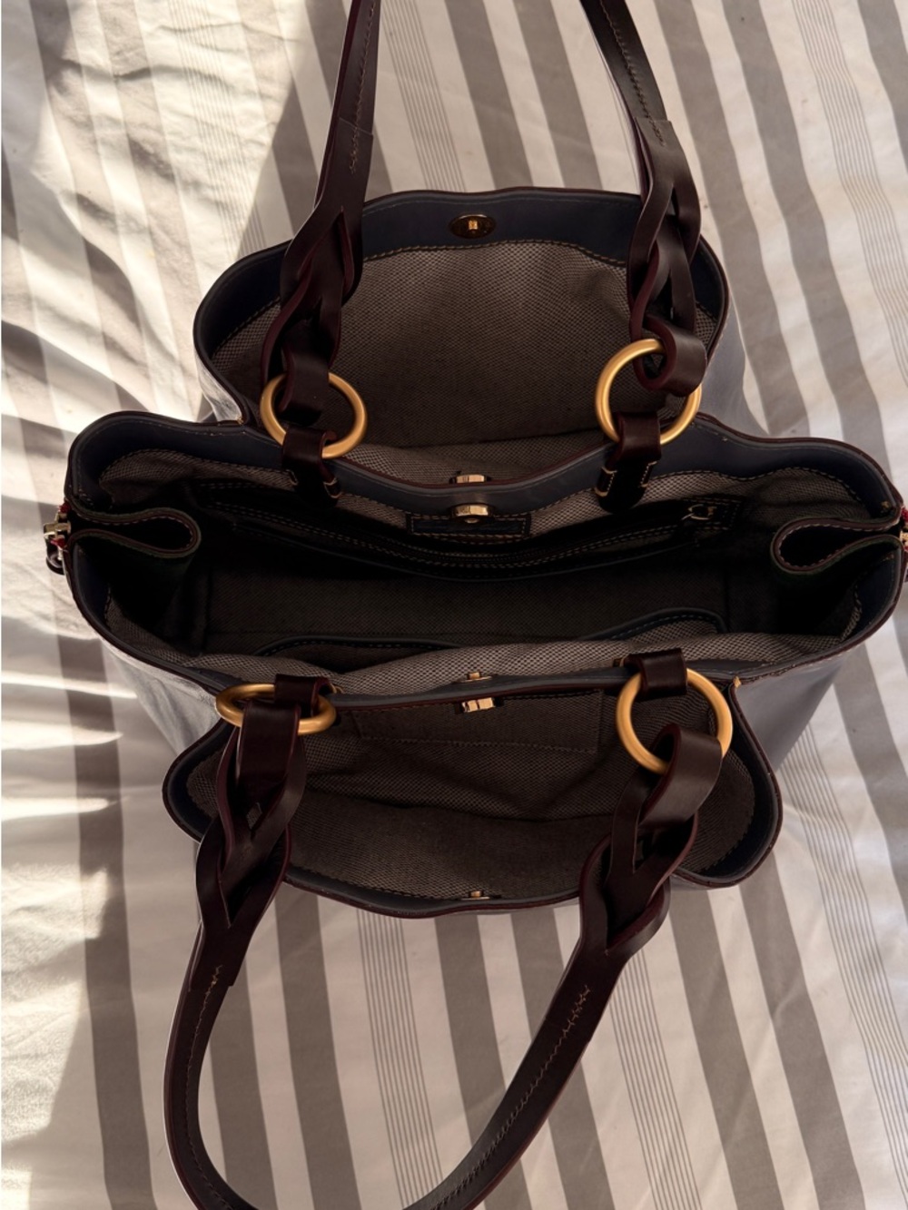 Dooney & Bourke Blue Tote with Brown Braided Handles and Gold Rings - Picture 4 of 11